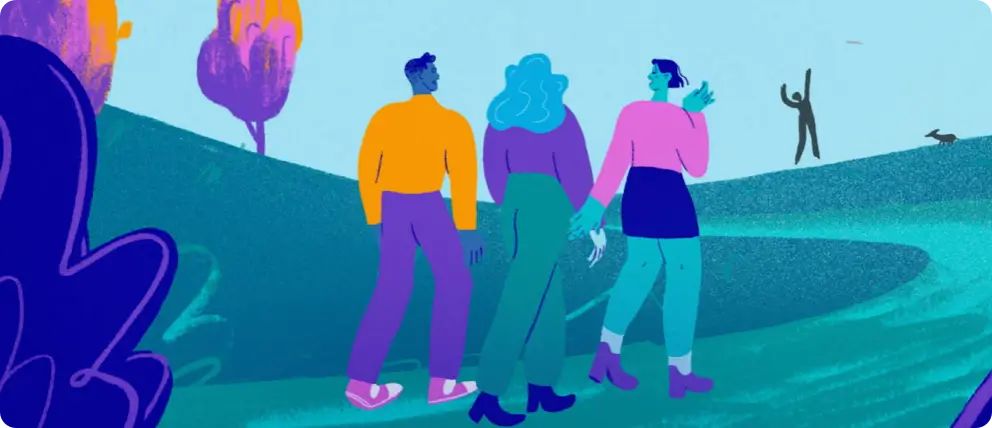 Diverse group of animated characters walking together in a scenic outdoor environment, enjoying their time.