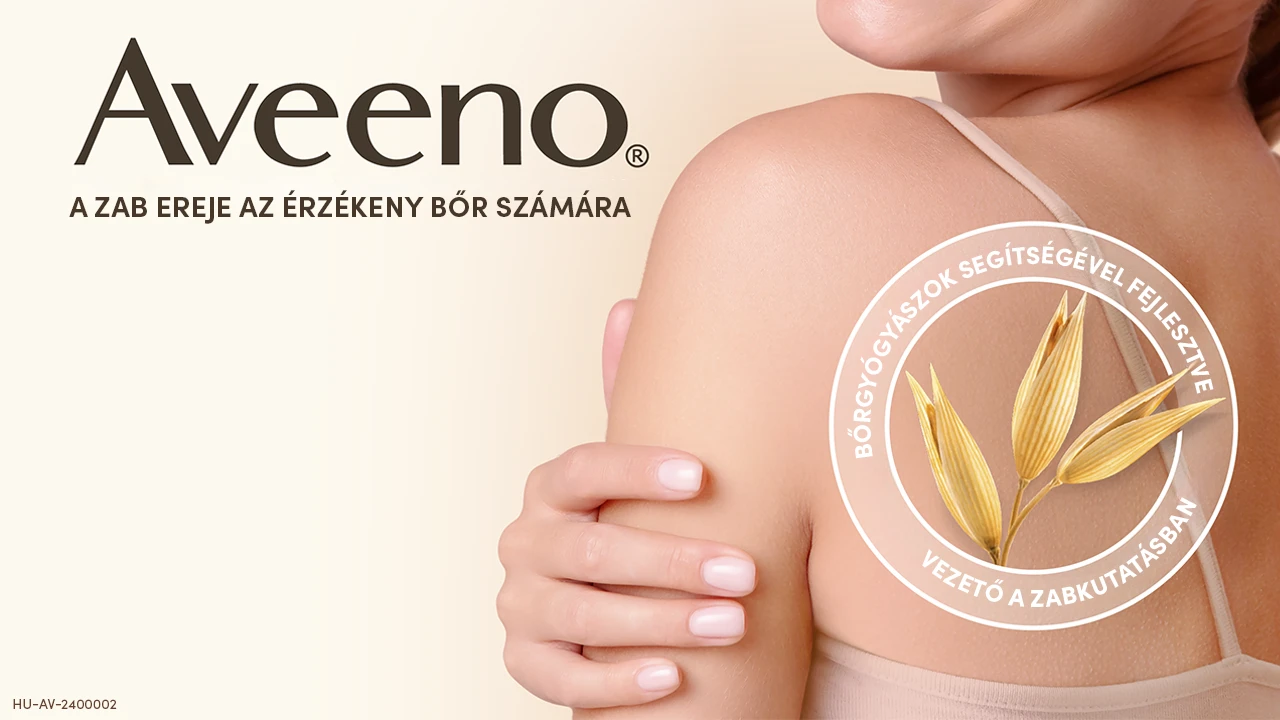 Aveeno – A zab ereje az érzékeny bőr számára –  modell válának a képe – zabos körbélyegző  a „bőrgyógyászokkal közösen  kifejlesztett”  felirattal, valamint a „vezető  szerep a zabkutatásban” szöveg.