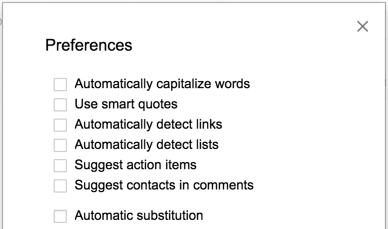 Google Doc preferences options