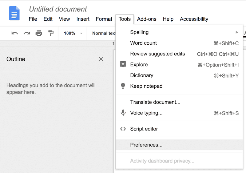 Accessing Google Doc preferences