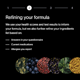 A black box with a description about how each Viome Precision Supplement formula is carefully crafted and refined based on customer health scores and test results