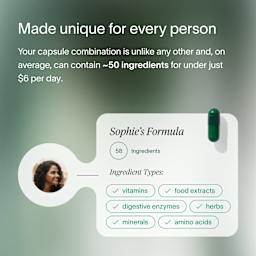 A green ombre background with text that describes how each Viome Precision Supplement formula is created uniquely per customer, comprised of approximately 50 personalized ingredients