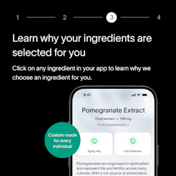 A black box with a description about how a customer’s Precision Supplement ingredients are personalized, alongside a picture of a smartphone screen showing how customers can find information on their ingredients in the Viome app