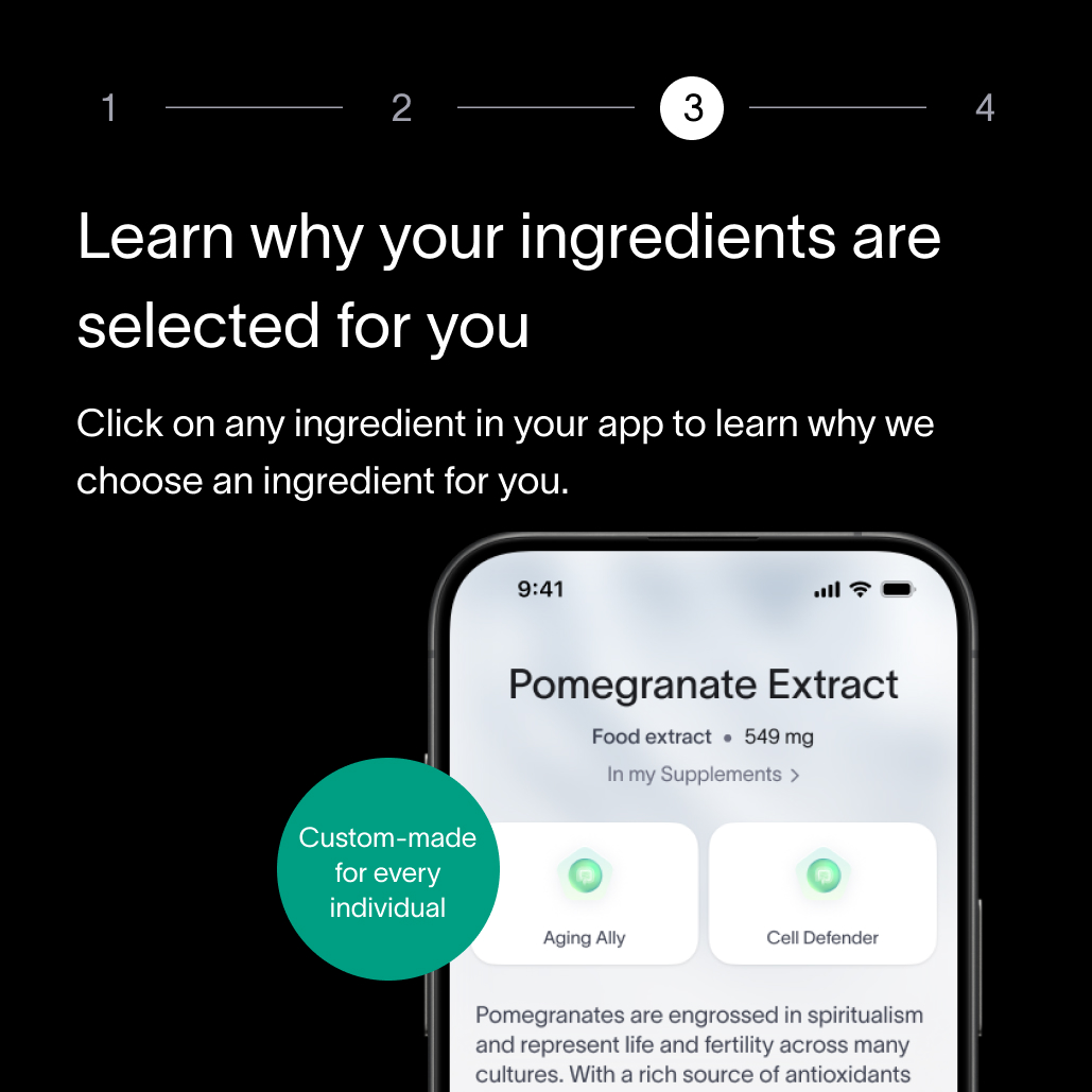 A black box with a description about how a customer’s Precision Supplement ingredients are personalized, alongside a picture of a smartphone screen showing how customers can find information on their ingredients in the Viome app