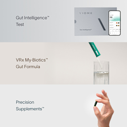 A grid showcasing the Viome Gut Intelligence Test on a light gray background, the Precision Supplements on a gray background, and the VRx My·Biotics™️ Gut Formula on a tan background