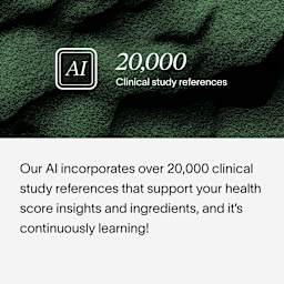 An image and text block showing how Viome AI is always growing, and has over 20,000 references to clinical studies to enforce customer test results, including score insights and ingredients