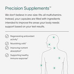 A description of Viome’s Precision Supplements: capsules filled with ingredients intended to improve the body’s needs – such as fighting inflammatory activity, nourishing cells, and more – based on personal test results