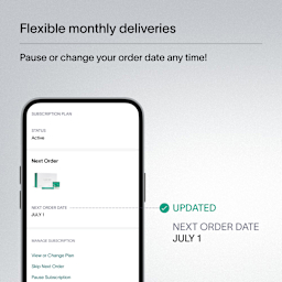 A gray block of text that describes how Viome allows flexible and timely monthly deliveries for supplements, and how the customer can change or pause their order date at any time