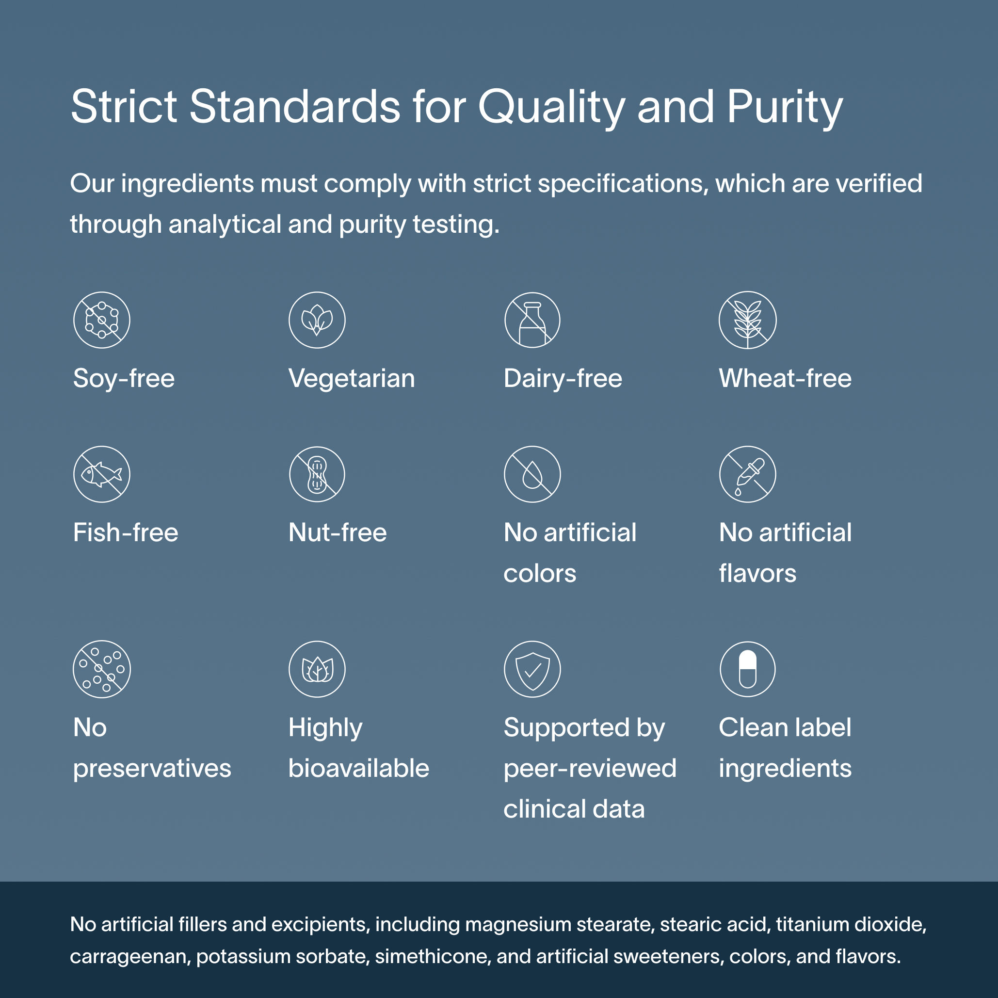 A steel-gray block of text describing Viome’s strict standards for quality and purity, including compliant ingredients, purity-testing, and related factors associated with the Oral Health Intelligence Test