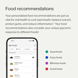 A gray block of text describing Viome Food Recommendations as results for the Oral Health Intelligence Test, including how individual test results influence oral health, from curbing bad breath, to protecting gums, to reducing gum inflammation, and more