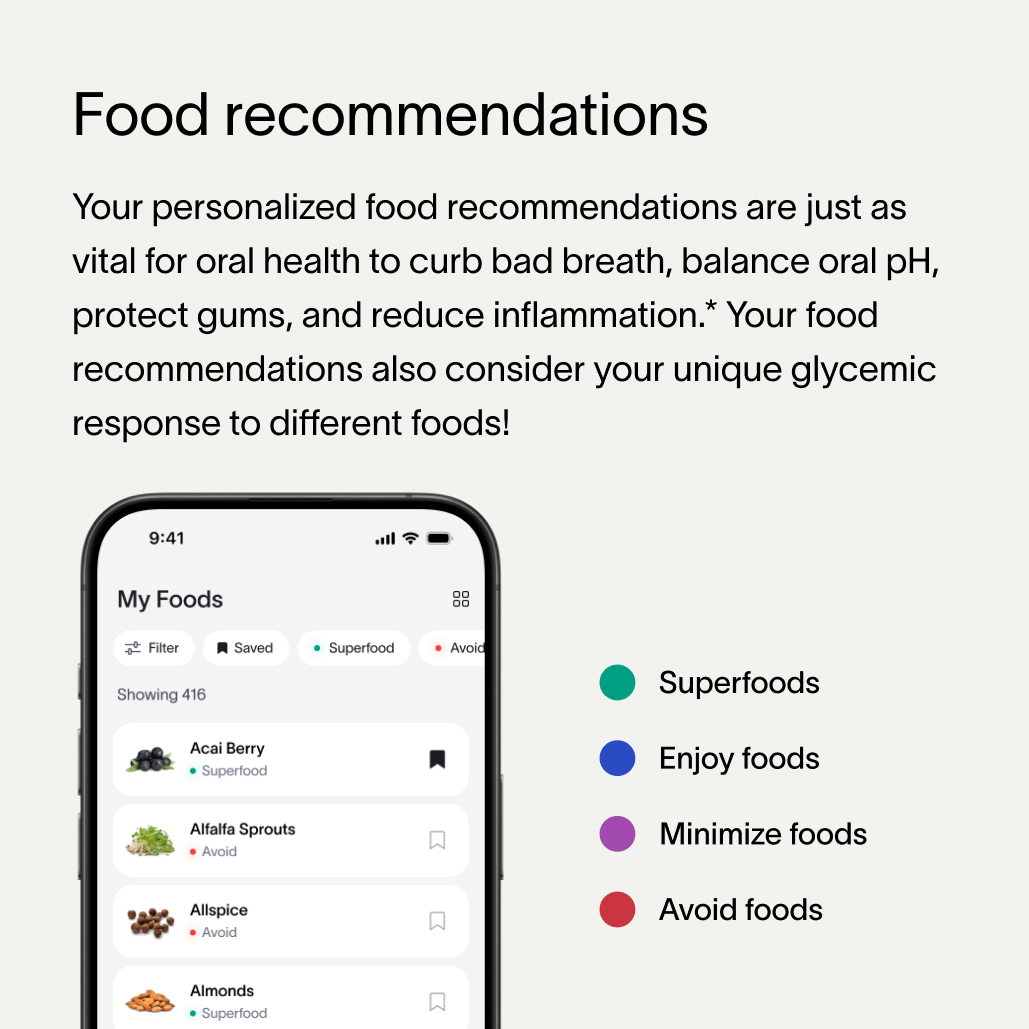 A gray block of text describing Viome Food Recommendations as results for the Oral Health Intelligence Test, including how individual test results influence oral health, from curbing bad breath, to protecting gums, to reducing gum inflammation, and more