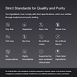 A dark gray block of text that shows Viome’s strict standards for quality and purity, especially compliant ingredients verified through analytical and purity-focused testing