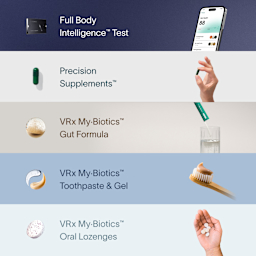 A grid showcasing the Viome Full Body Intelligence Test on a black background, the Precision Supplements on a gray background, the VRx My·Biotics™️ Gut Formula on a tan background, and the Oral Lozenges on a blue background