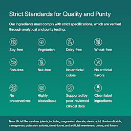 A dark green block of text describing Viome’s strict standards for quality and purity, including compliant ingredients, purity-testing, and related factors associated with Precision Supplements