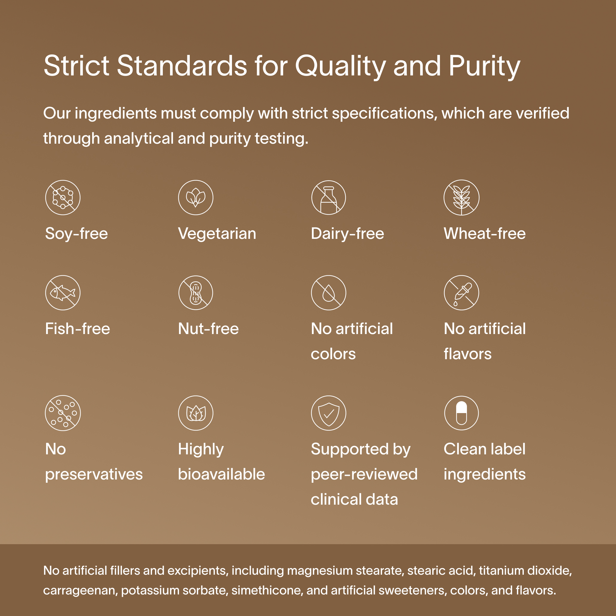 A brown block of text describing Viome’s strict standards for quality and purity, including compliant ingredients, purity-testing, and related factors associated with Precision Probiotics + Prebiotics