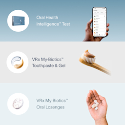 A grid showcasing the Viome Oral Intelligence Test on a steel-gray background, VRx My·Biotics™ Lozenges on a light gray background, and VRx My·Biotics™ Toothpaste & Gel on a tan background