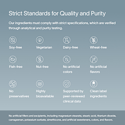 A steel-gray block of text describing Viome’s strict standards for quality and purity, including compliant ingredients, purity-testing, and related factors associated with the Oral Health Intelligence Test