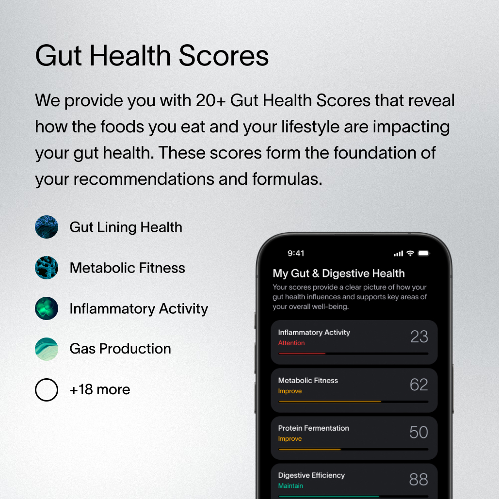 A description of Viome Health Scores, how they work as a comprehensive gut health analysis, and how they assess functions related to digestion, inflammation, nutrient absorption, gut lining health, microbial diversity, and more