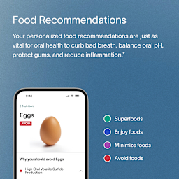 A gray block of text describing Viome Food Recommendations as results for the Oral Health Intelligence Test, including how individual test results influence oral health, from curing bad breath, to protecting gums, to reducing gum inflammation, and more