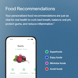 A gray block of text describing Viome Food Recommendations as results for the Oral Health Intelligence Test, including how individual test results influence oral health, from curing bad breath, to protecting gums, to reducing gum inflammation, and more