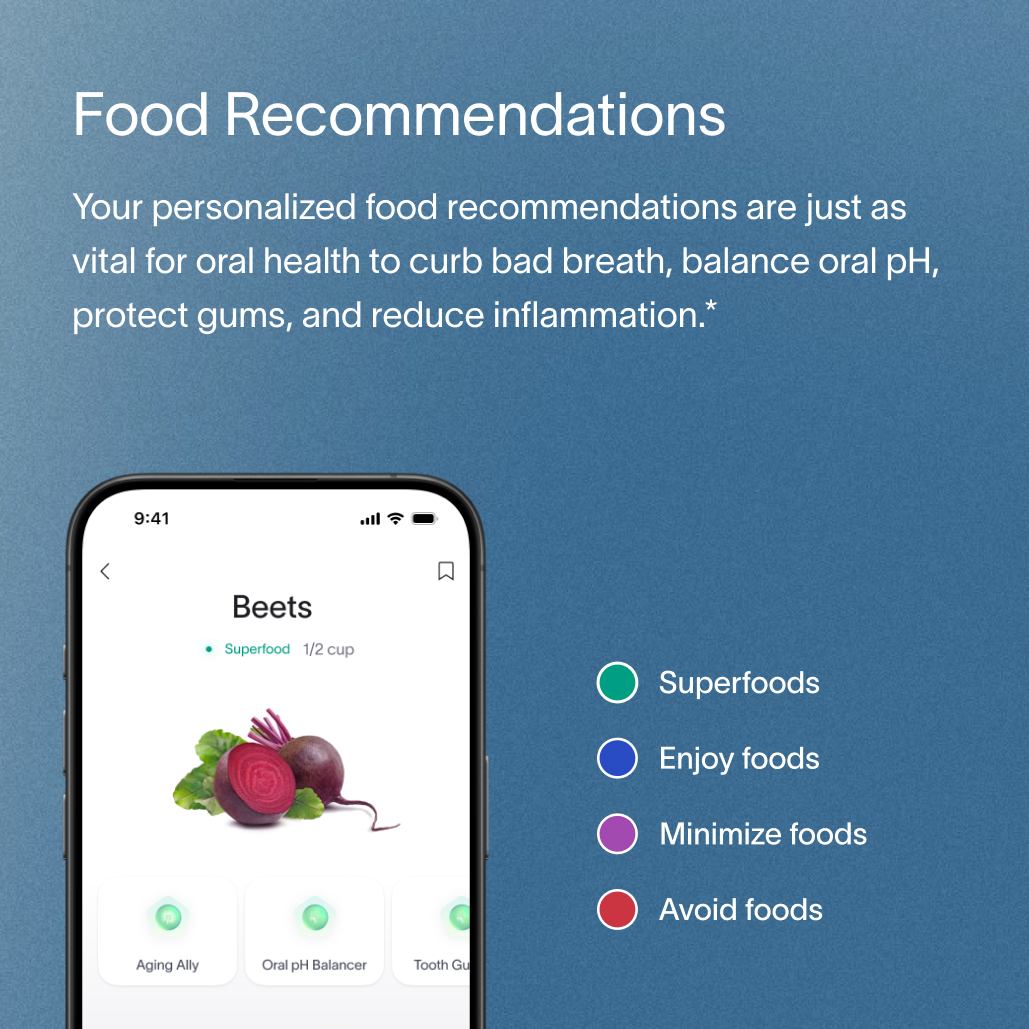 A gray block of text describing Viome Food Recommendations as results for the Oral Health Intelligence Test, including how individual test results influence oral health, from curing bad breath, to protecting gums, to reducing gum inflammation, and more