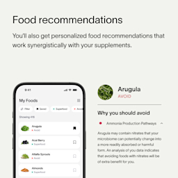 A green block of text describing how Viome personalizes food recommendations, and how they contribute to the Precision Supplements, paired with an image of a smartphone screen that lists a customer’s superfoods