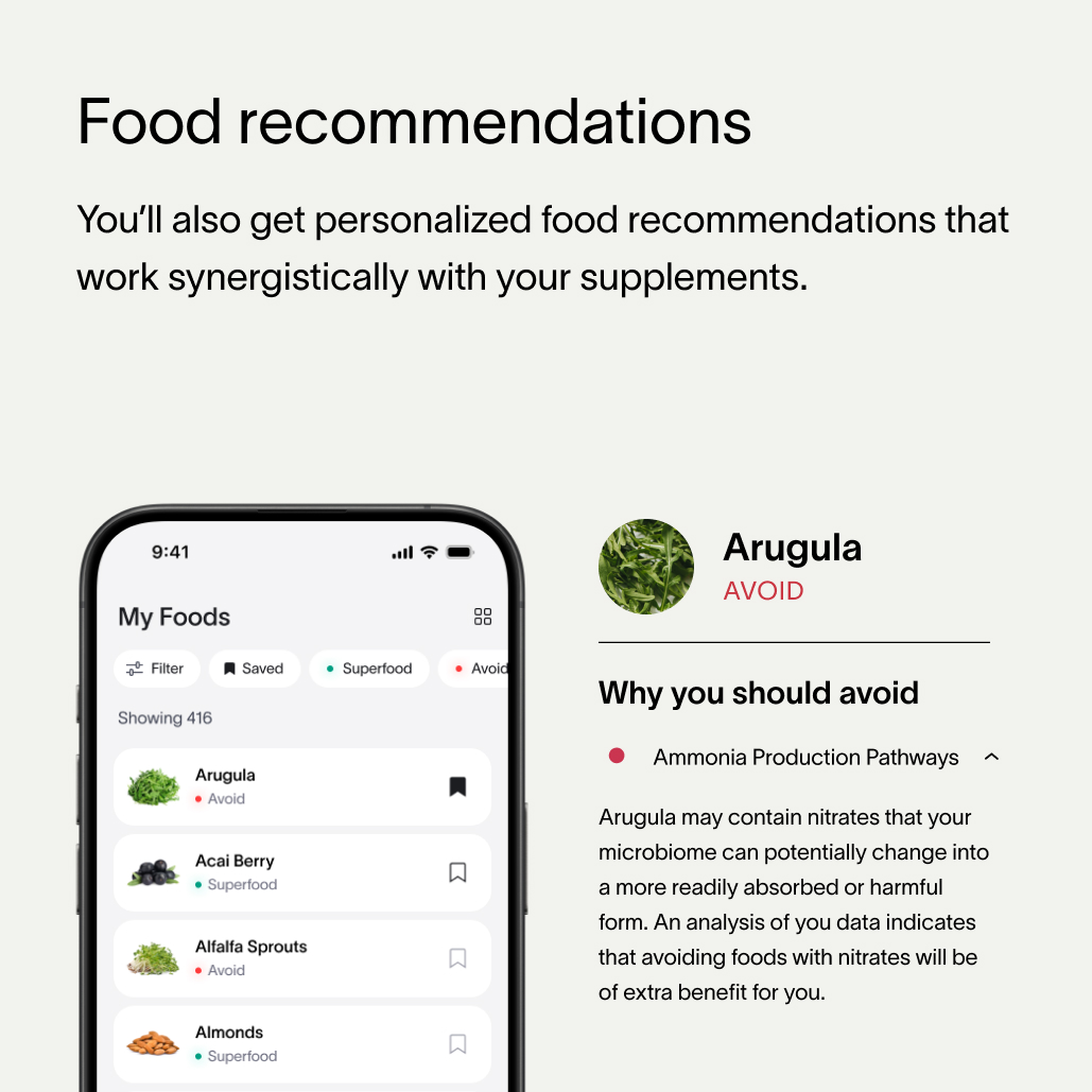 A green block of text describing how Viome personalizes food recommendations, and how they contribute to the Precision Supplements, paired with an image of a smartphone screen that lists a customer’s superfoods