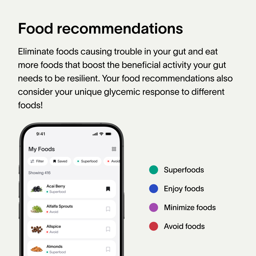 A light green background and black text that describes how eliminating foods causing trouble in the eat, and eating more Viome-recommended beneficial foods rich in good bacteria, can help the gut become more resilient