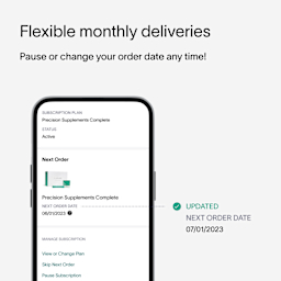 A gray block with text that describes Viome’s flexible monthly deliveries for the Precision Supplements, and how customers can change their order date at any time