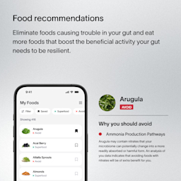 A gray text block with a description for Viome’s Food Recommendations, including how they reveal foods that cause trouble in the gut, and give directions on what foods the customer should eat instead based on gut activity 