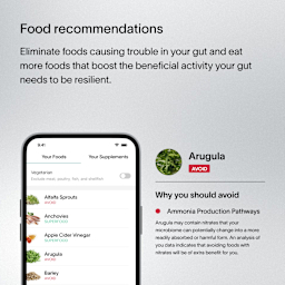 A gray text block with a description for Viome’s Food Recommendations, including how they reveal foods that cause trouble in the gut, and give directions on what foods the customer should eat instead based on gut activity 