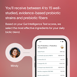 A red ombre background with white text that describes how customers receive between 8 and 16 well-studied, evidence-based probiotic strains and prebiotic fibers in their Precision blends, based on their Gut Intelligence Test scores