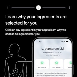 A black background with white text that lists how ingredients are personalized for each customer, with a smartphone screen depicting gut biotic needs and recommended Prebiotic + Probiotic ingredients based on the results of their test