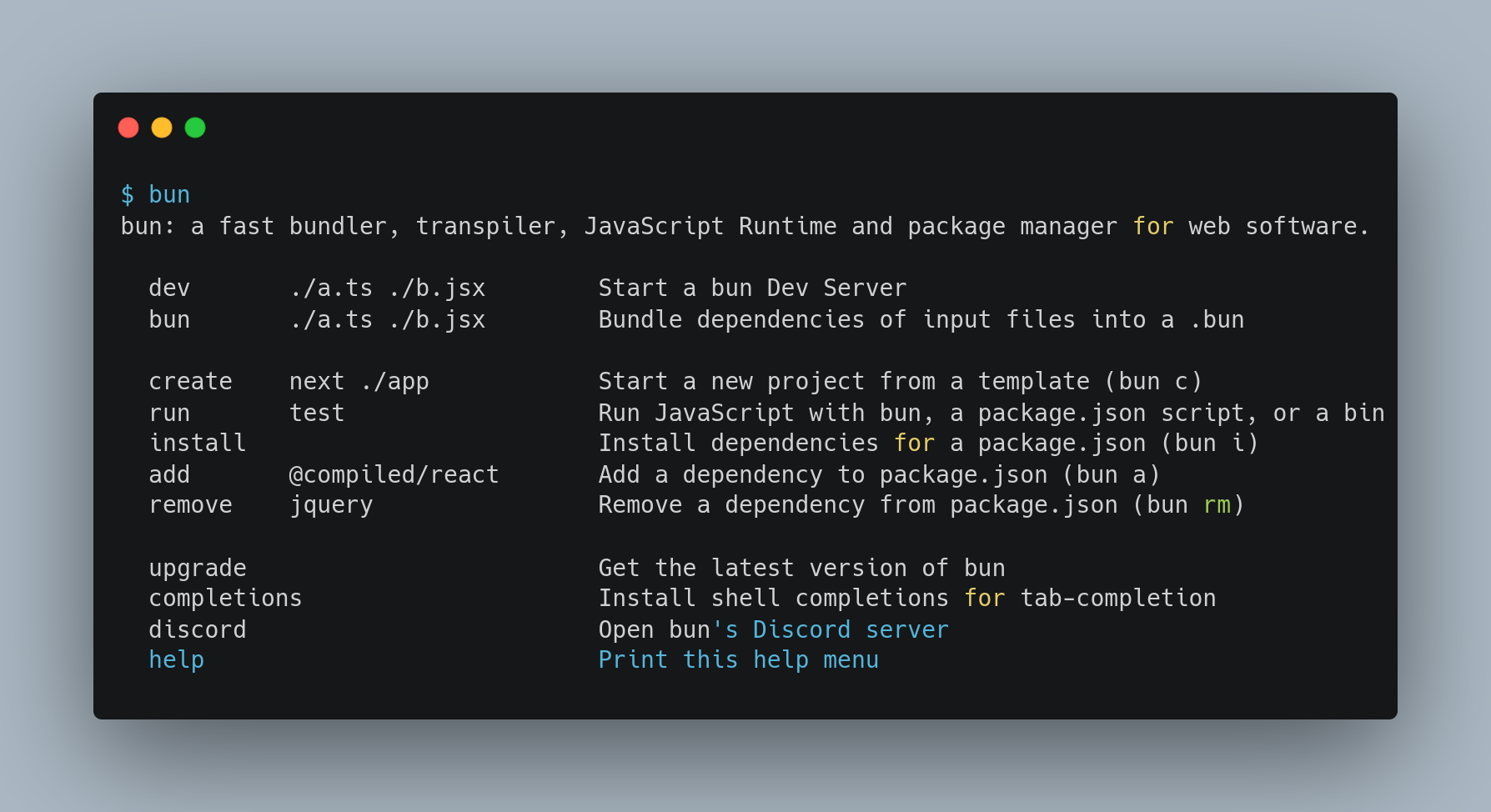 Bun.js v0.1.0 terminal output