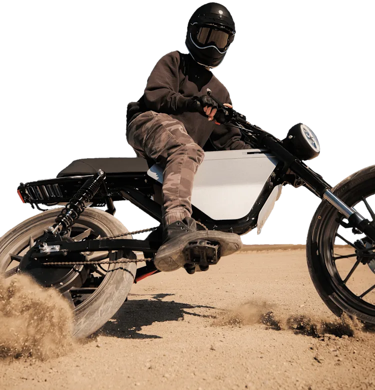 RCR 80V electric motorcycle, rider in action pose