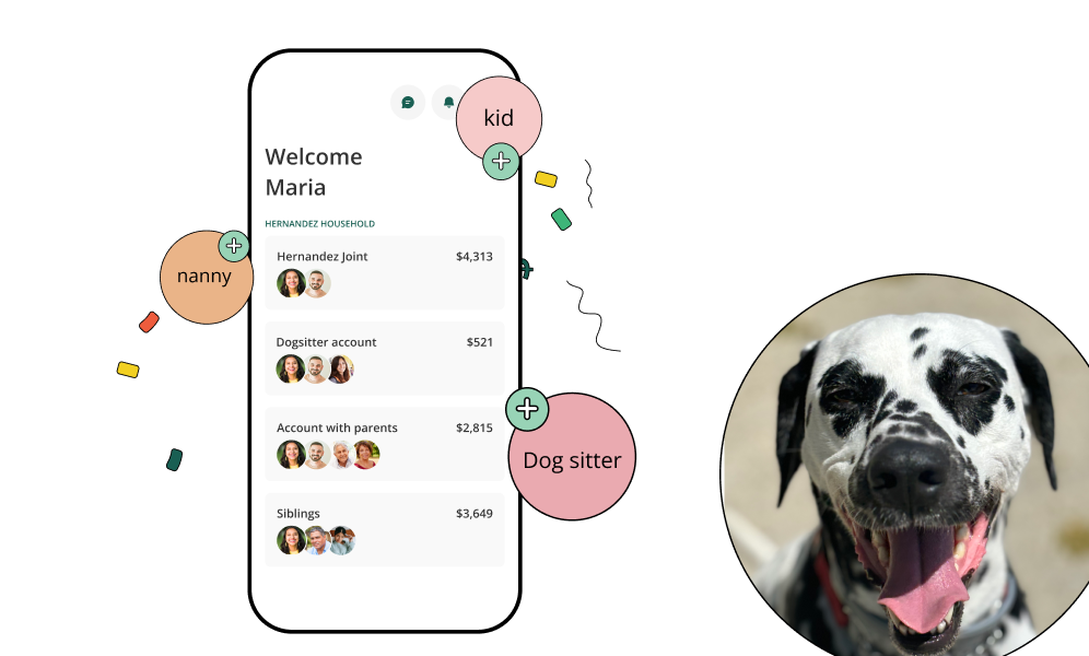 Family managing household finances with a family bank account, showing how to budget pet expenses using custom permissions for companions like a dog sitter.