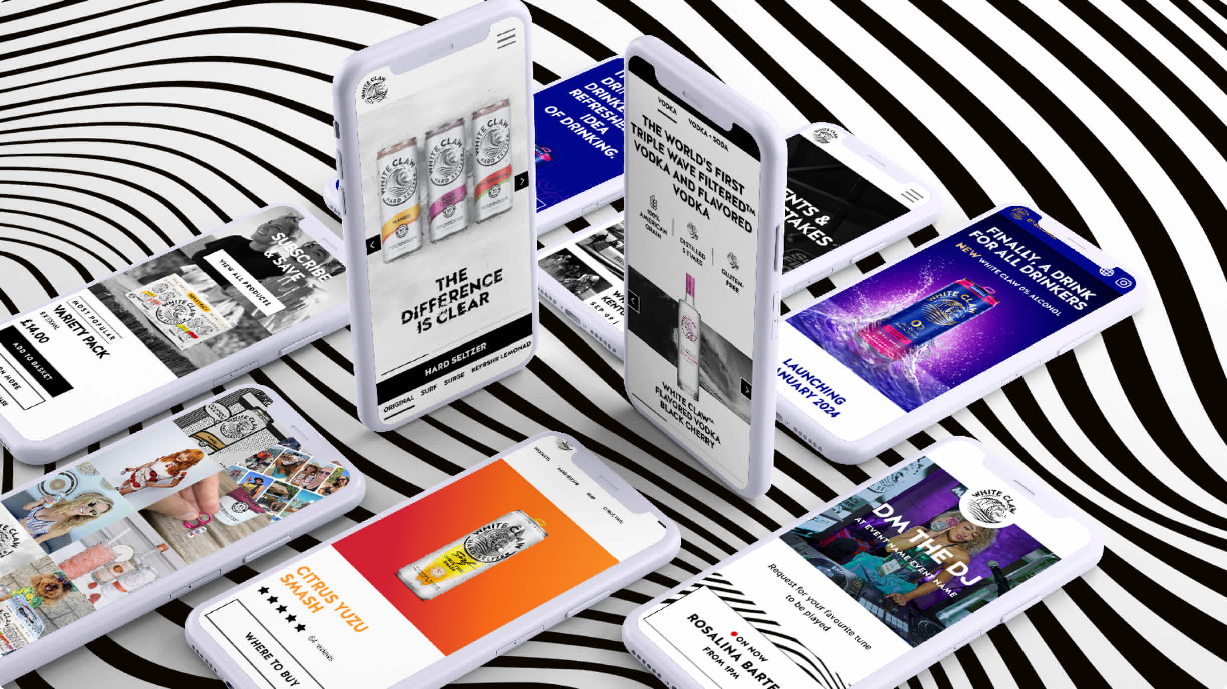 A collection of mobile phones showing White Claw websites