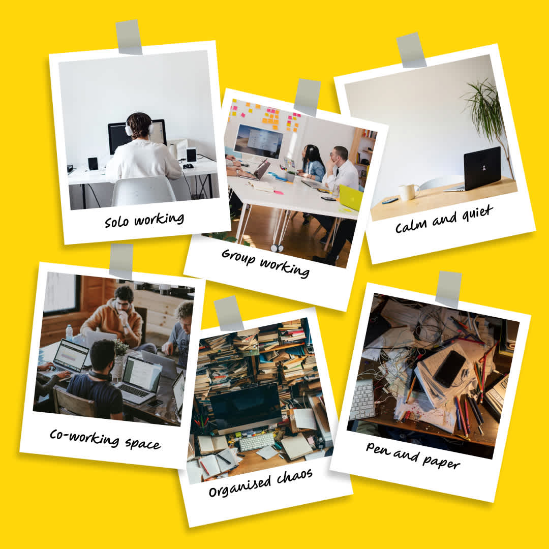 AI generated photos of different ways of working: Co-working space, Solo working, High energy, Group working, Organised chaos, Calm and quiet, Pen and paper