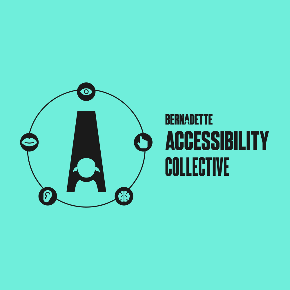 Accessibility Collective logo shows the ‘A’ from the Bernadette logo, orbited by 5 icons that represent the 5 areas of difference: Sight, Hearing, Neurodiversity, Speech & language and Touch & physical