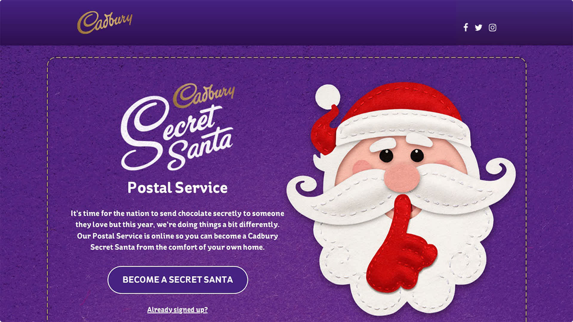 Cadbury Secret Santa Mask. text reads secret santa postal service