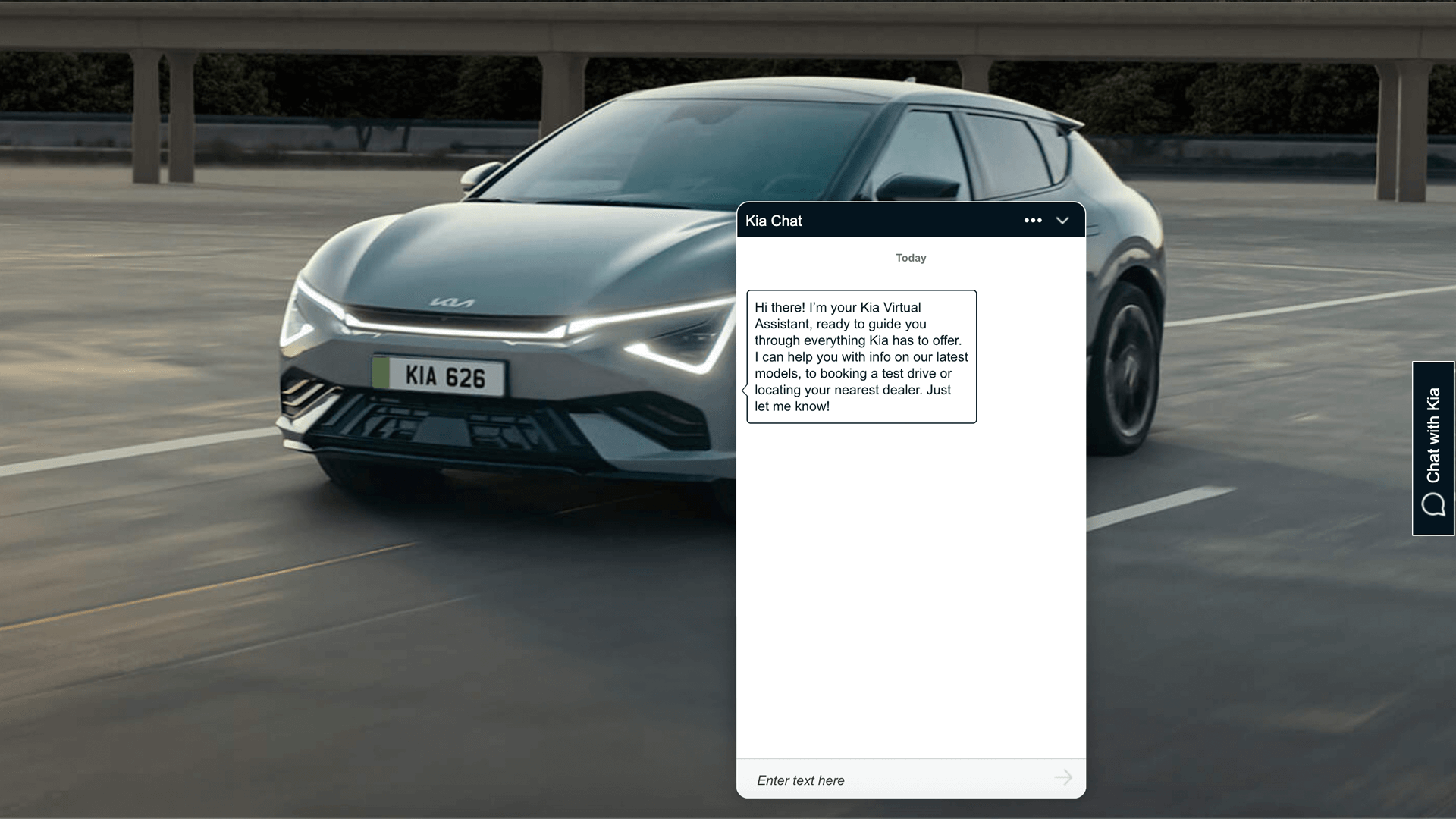 Kia website homepage with Chatbot enabled