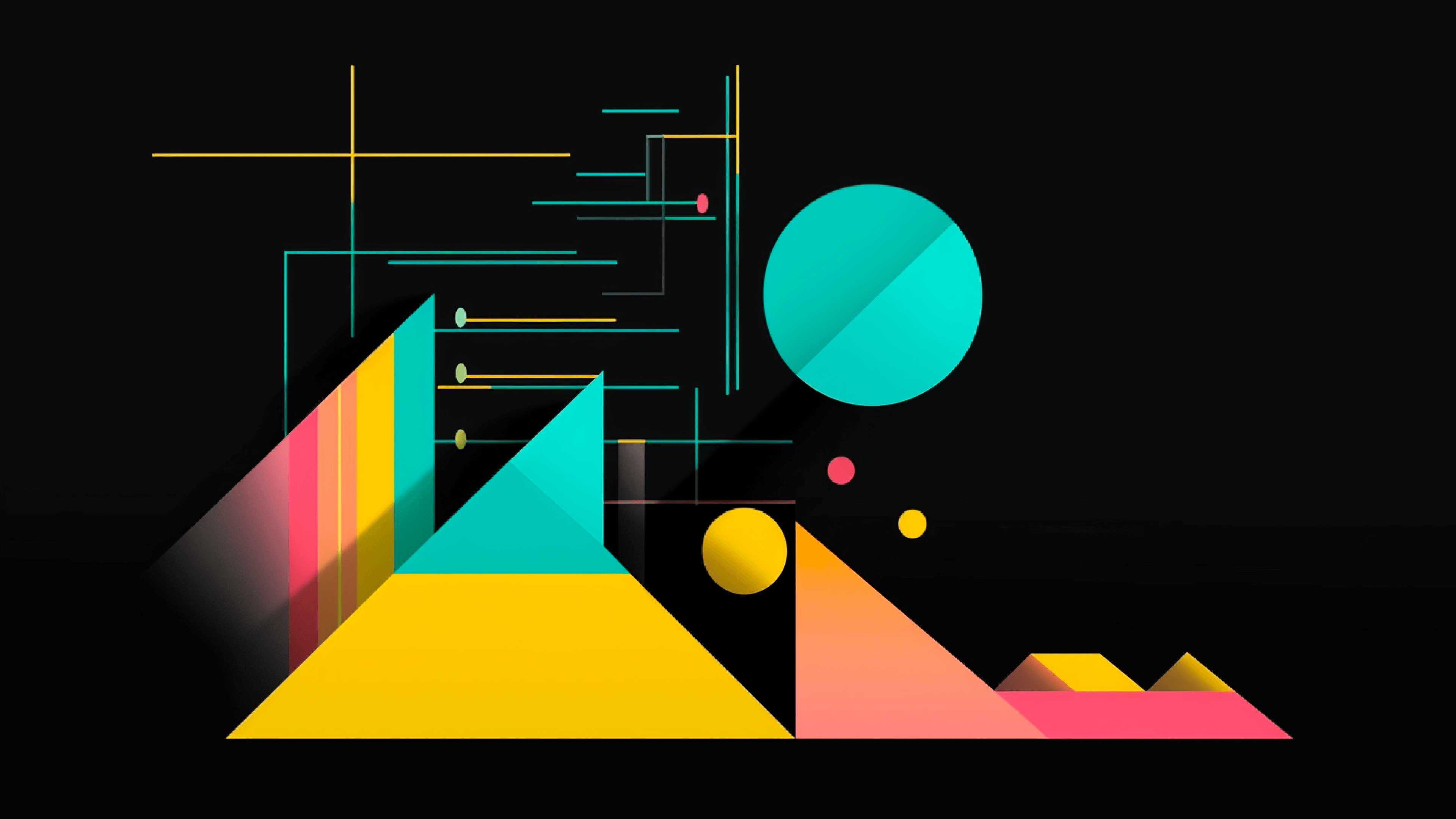 Abstract illustrative coloured shapes - triangles, circles, lines and other geometric shapes, in shades of yellow, teal, orange and red