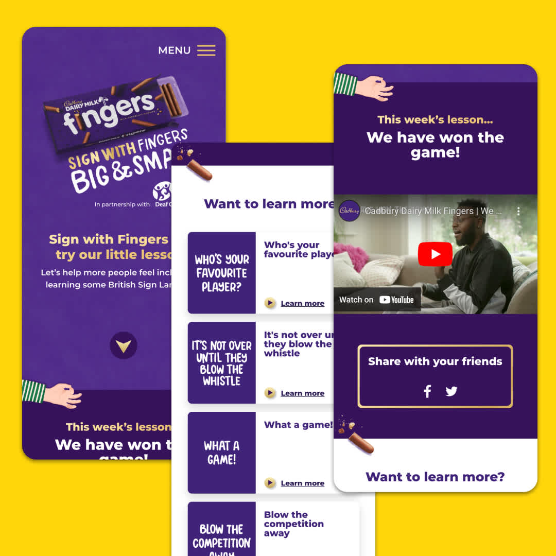 Screenshots of the Cadbury ‘Sign with Fingers’ website which has designed and built to be accessible