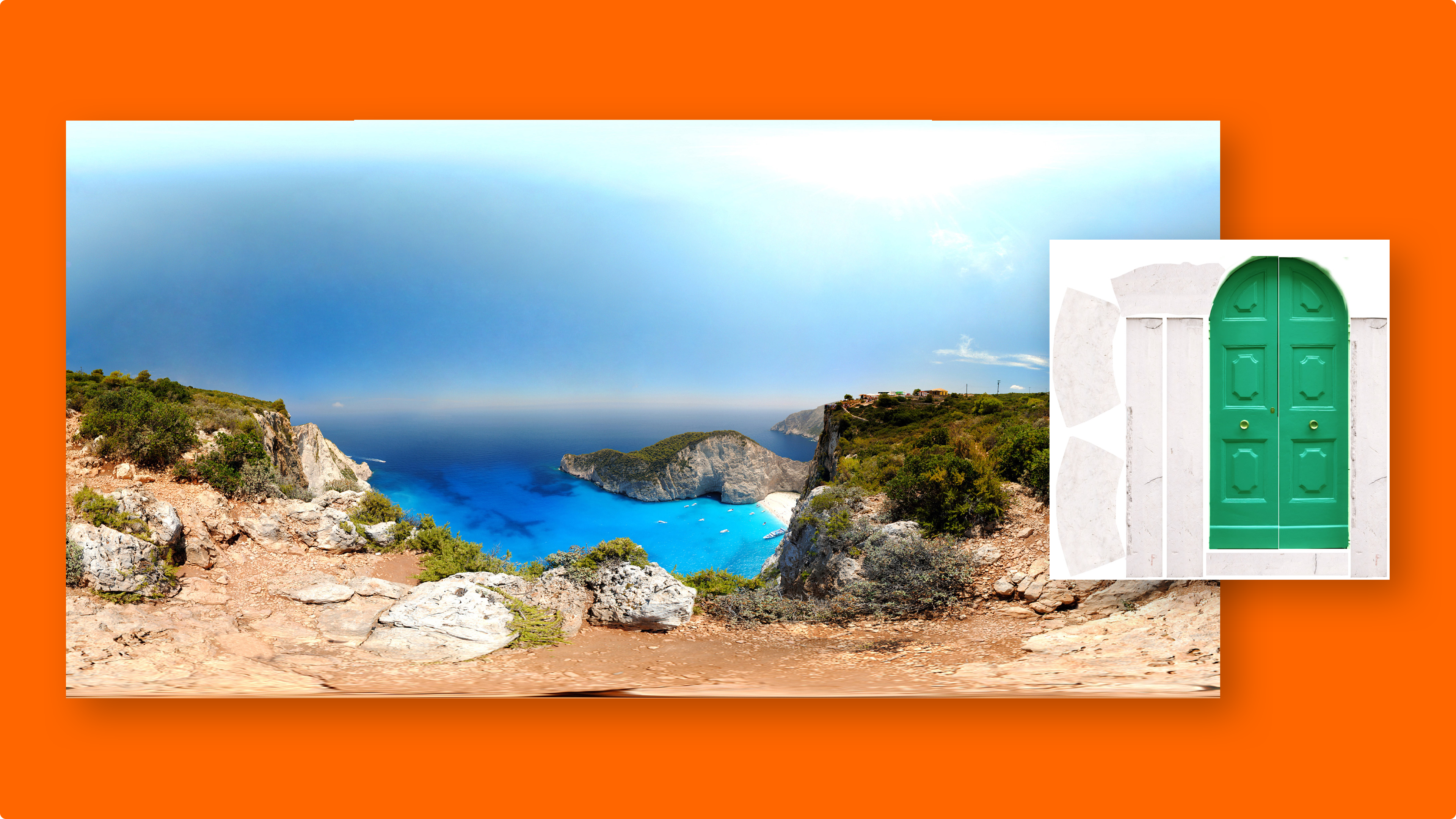 An orange background with an AR view of a seascape