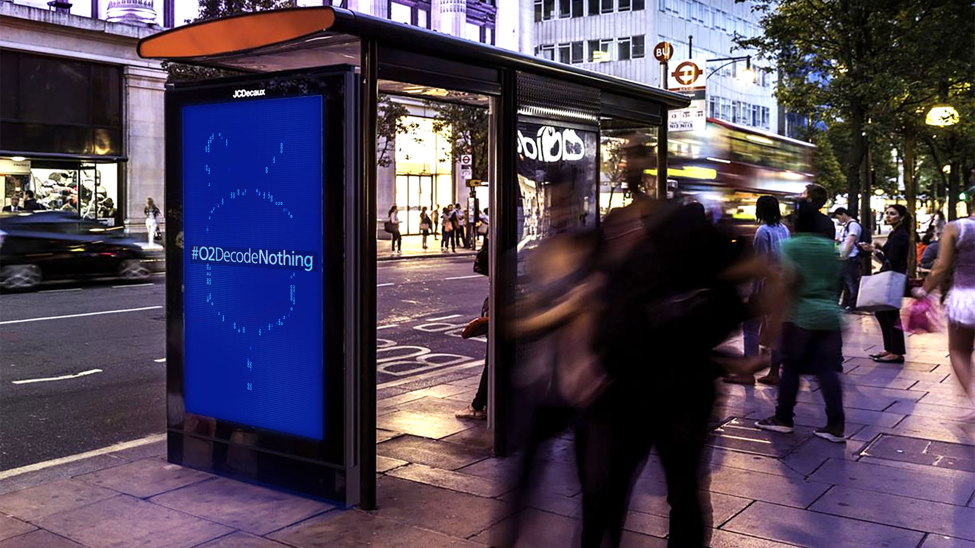 A light billboard with #O2DecodeNothing on it