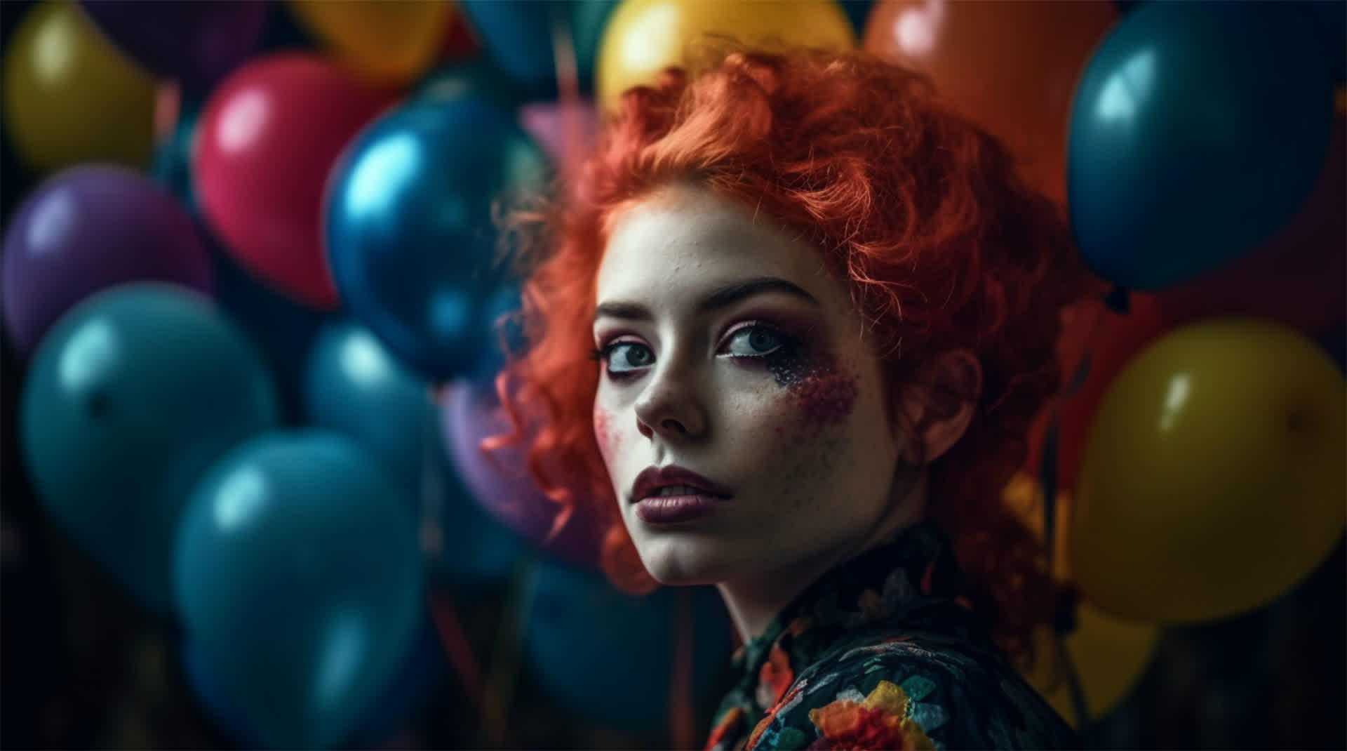 Redhead woman with colourful balloons in background