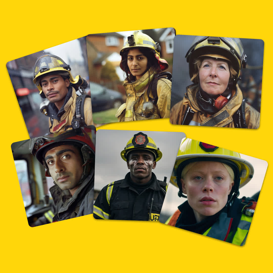 6 AI generated photos of range of people with different appearances who are all firefighters