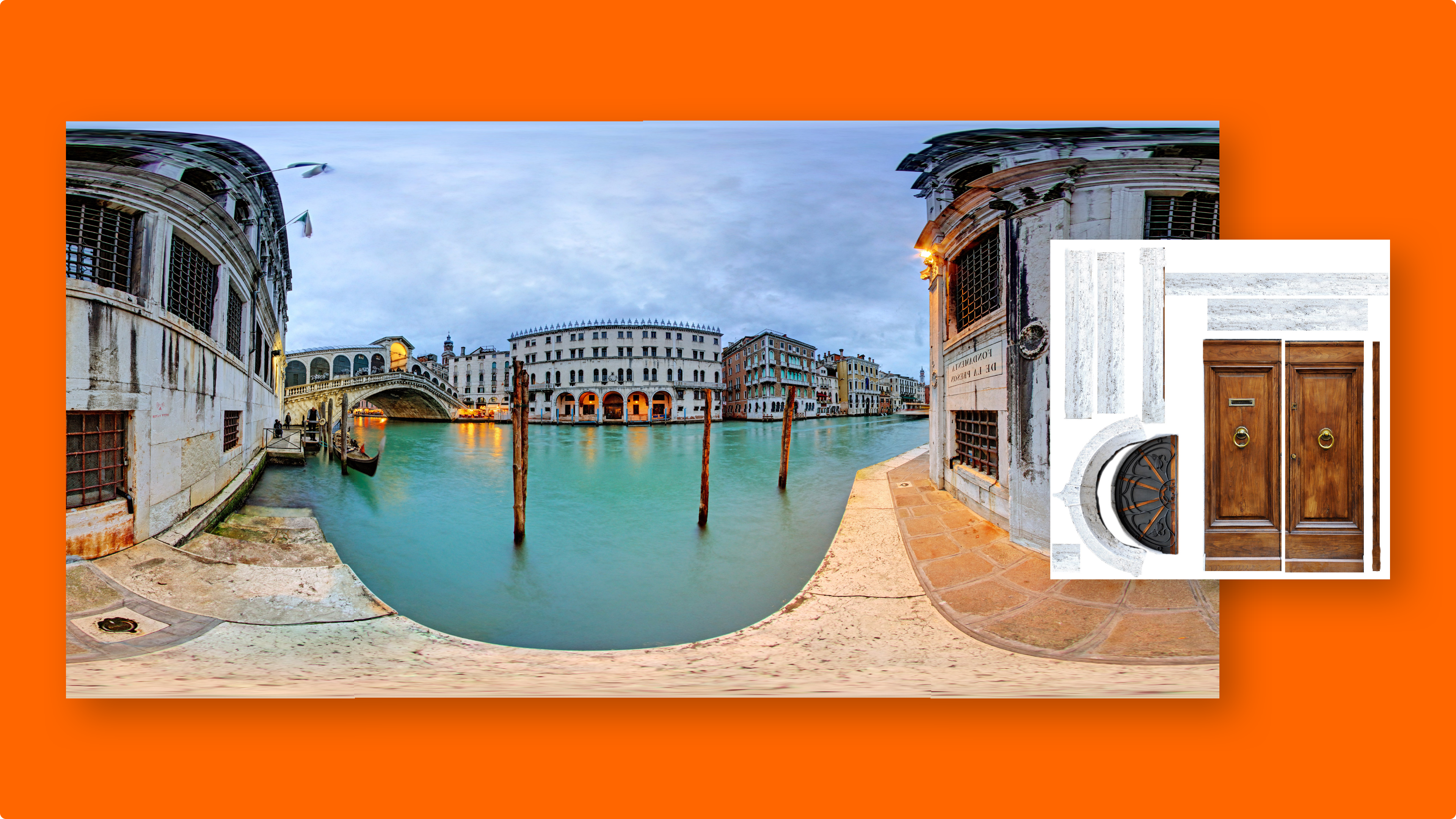 an orange background with an AR view of Venice