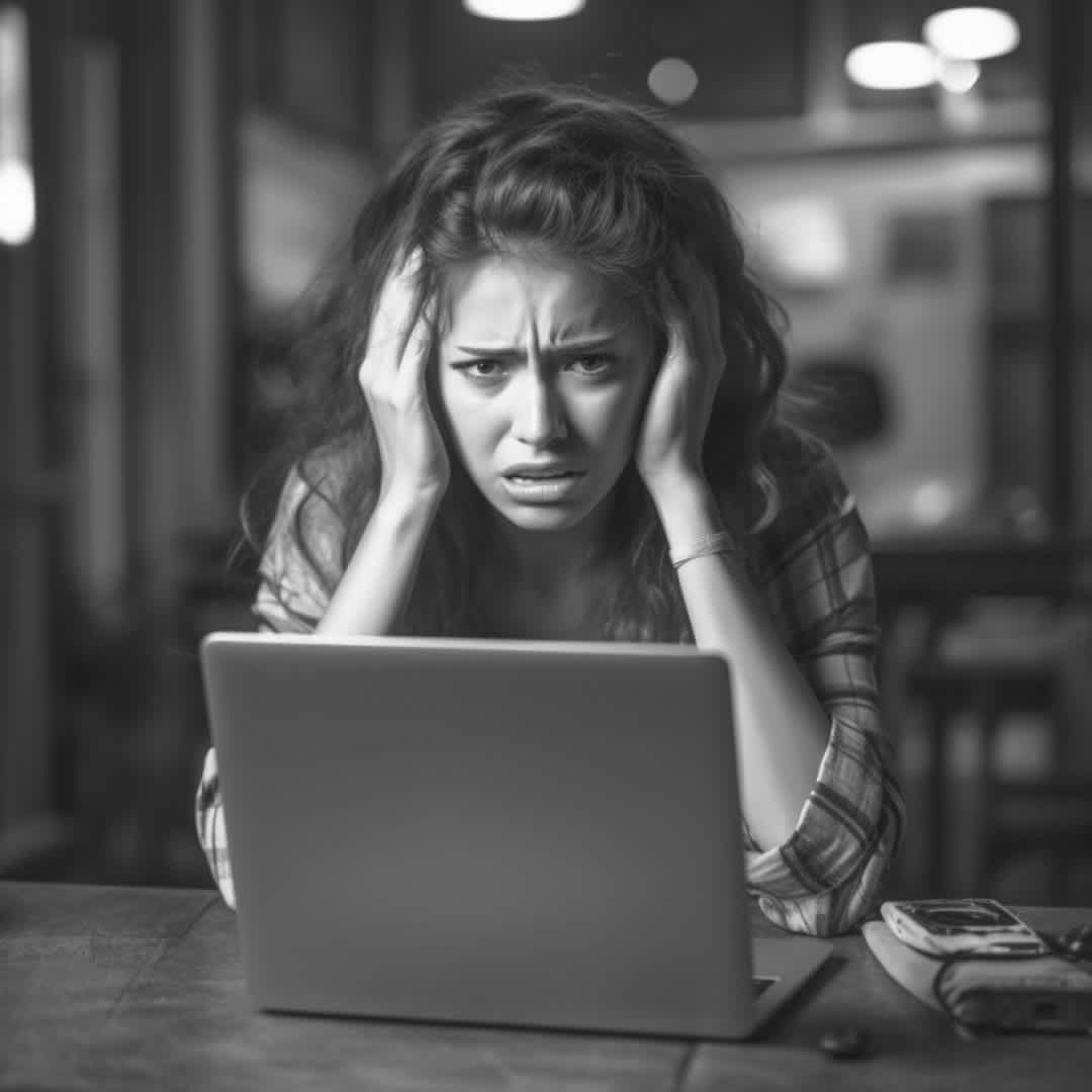 A woman sitting in front of her laptop, her head in her hands, appearing frustrated or stressed.