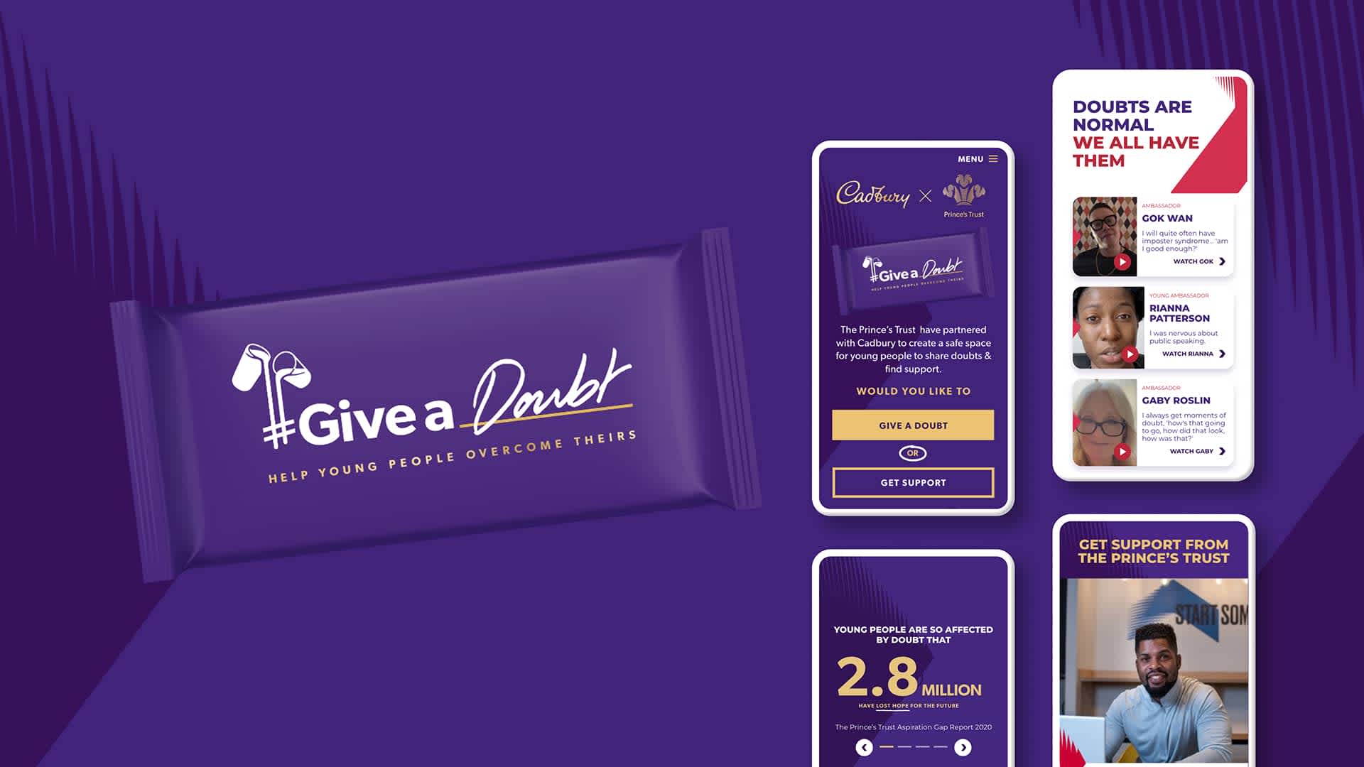 Image of several phones with Cadbury chocolate bars featuring the slogan #Give a Doubt.